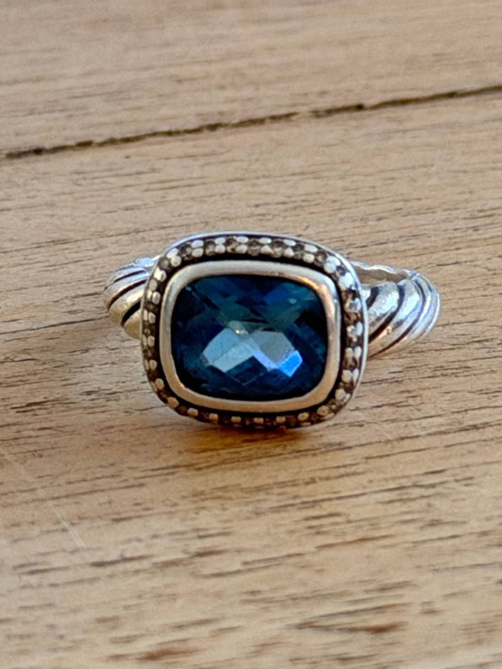 David Yurman Deep Blue Cushion-Cut Topaz Silver 925 Ring